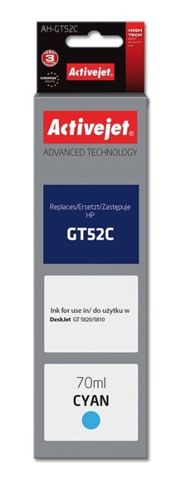 Tusz Activejet AH-GT52C (zamiennik HP GT52C M0H54AE; Supreme; 70 ml; 8000 stron, niebieski)