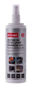 Activejet AOC-269 Zestaw do czyszczenia ekranów 2w1 250 ml/20x20 cm, Płyn czyszczący do ekranów, plastiku i ściereczka czyszcząc